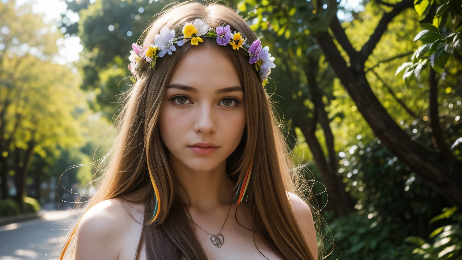 (close up breast), Masterpiece, best quality, ((70's - 1970)), (San fransisco street), moonlight, BREAK ((clothes hippie)), flower crown, ((woodstock)), (rock n roll), peace symbol, flowers, ((wearing only flowers, and flowers)), BREAK colorful leaves and flowers growing from hair, rainbow love and peace , BREAK long hair, (straight hair), pale skin, fair skin, white skin, large breasts, BREAK, Sigrid Bazan