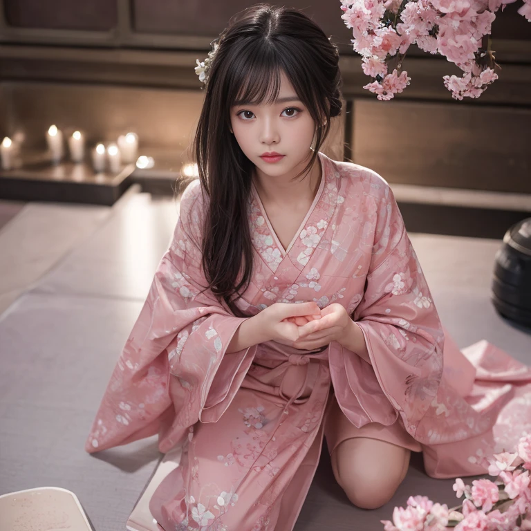 best quality, masterpiece, lifelike, 1 girl, solitary, eternity, Wearing a Sakura Kimono,  Kneeling, Detailed Background,  Delicate face，pink blush，，cold，((​masterpiece))、(top quality)、8k、high detail、Super detailed、 21 years old female，​masterpiece、born、fair、magic、realism、Visual effects、FXAA、SSAO、Shader、voiceless、ambient lighting、Tone mapping、High resolution、Ultra high quality、Million pixels、(8k resolution:1.10)、8k resolution、high detail、intricate details、 (high quality:1.2、​masterpiece:1.2、:1.21)、(21 years old female）