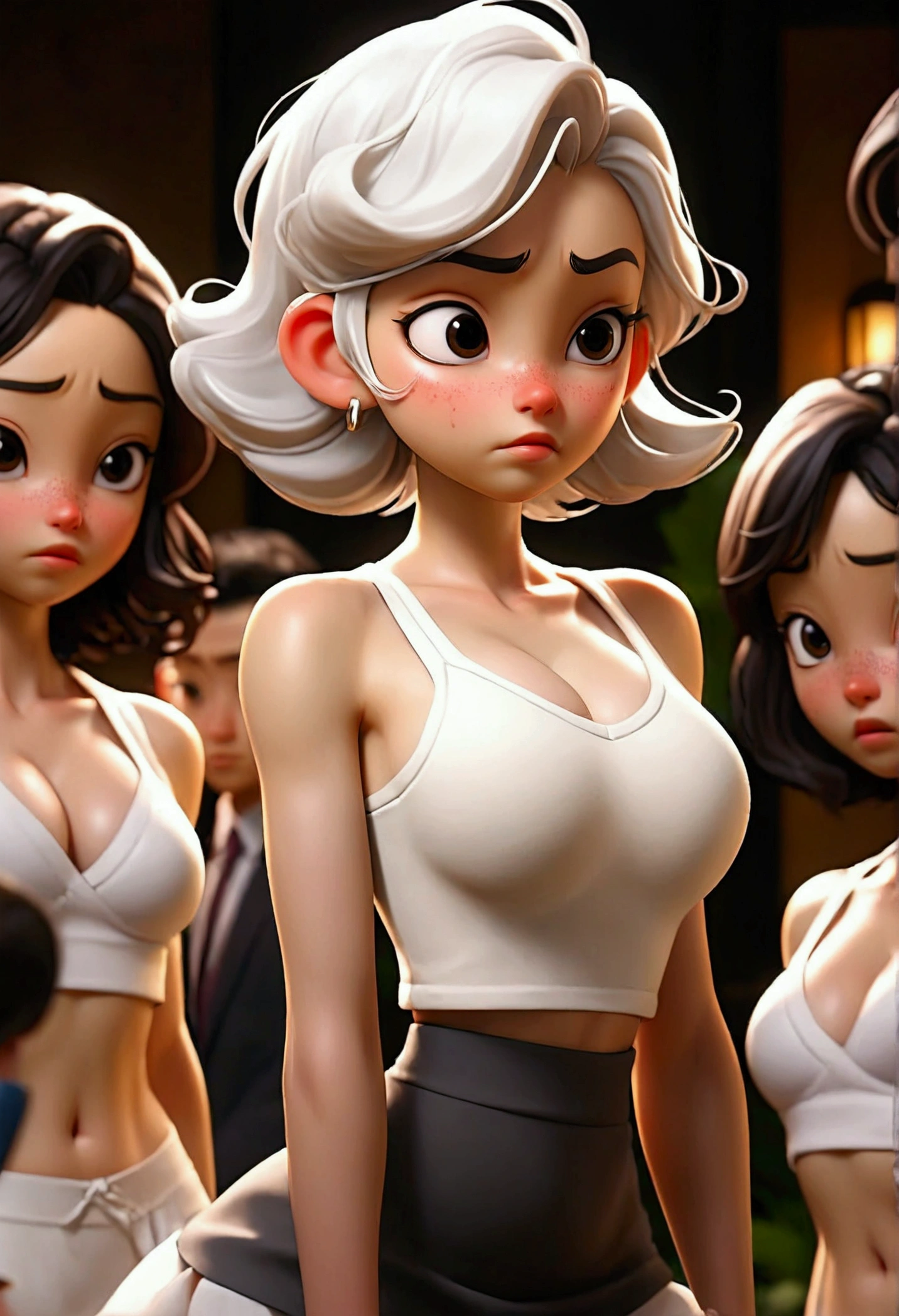 4K, 1 girl, 16years old, medium tits , white bra, white panties, Best quality ,middle ass,Japanese , , skirt and shirt, black tights, surrounded by men's penises, covered in sperm, sucks penis, in, article in the annals