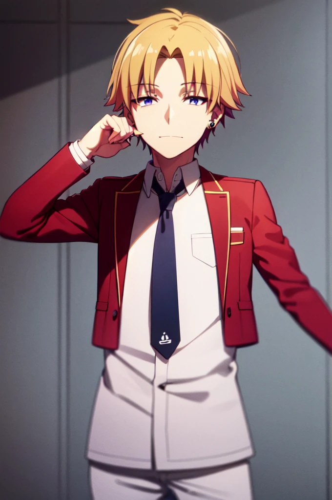 Masterpiece, best quality, 1boy, upper body, necktie, (black ear piercing), simple backround, blonde hair, expressionless, short hair, jacket, looking at viewer, smirk, red jacket