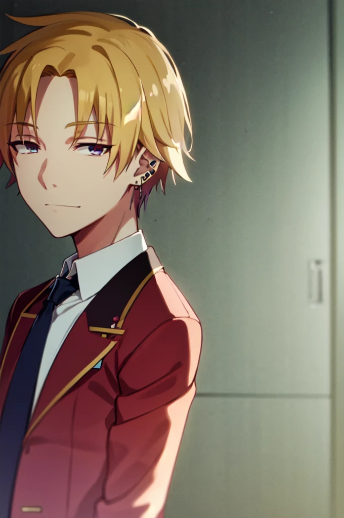 Masterpiece, best quality, 1boy, upper body, necktie, (black ear piercing), simple backround, blonde hair, expressionless, short hair, jacket, looking at viewer, smirk, red jacket