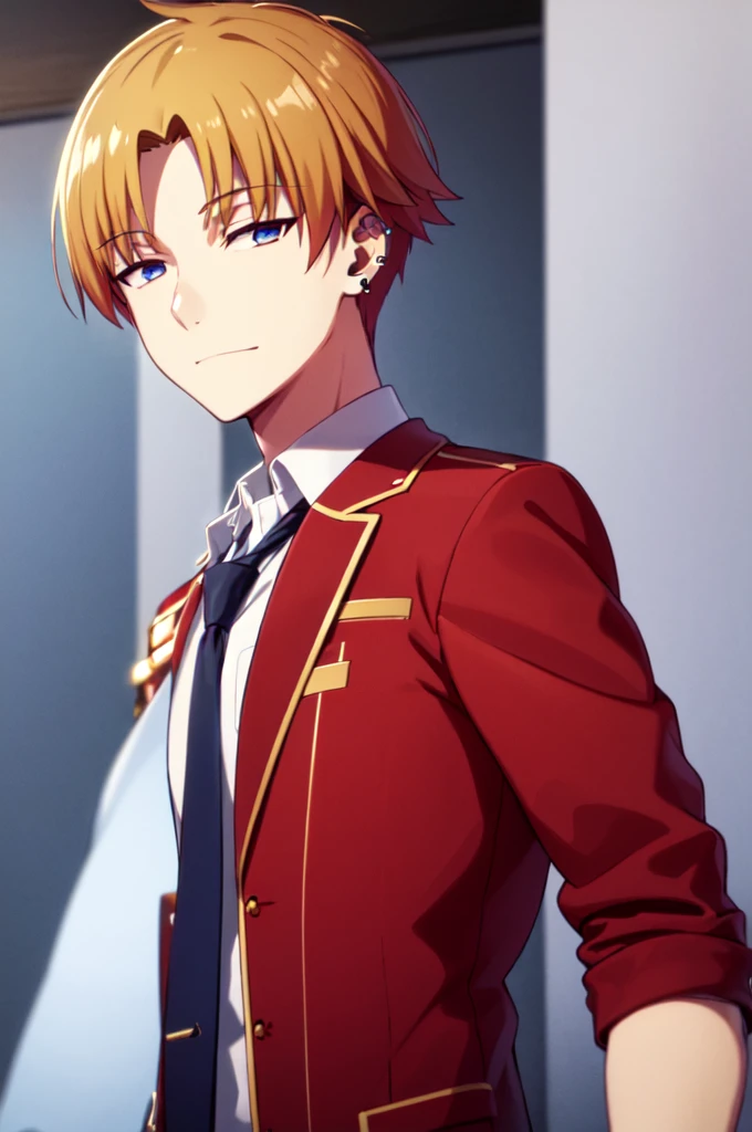 Masterpiece, best quality, 1boy, upper body, necktie, (black ear piercing), simple backround, blonde hair, expressionless, short hair, jacket, looking at viewer, smirk, red jacket