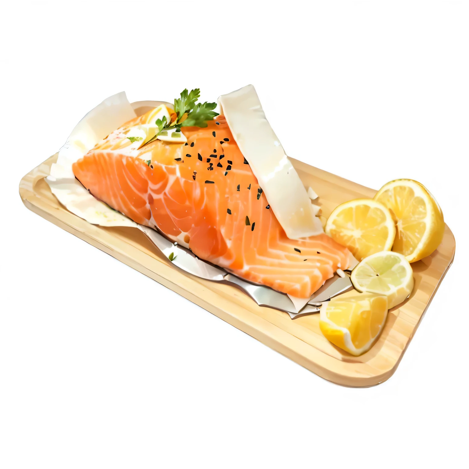 a close up of a piece of salmon on a cutting board with lemons, salmon, super Practical food picture, salmon khoshroo, Practical!!, Practical scene, ( ultra Practical ), Ultra-detailed scenes, ( ultra Practical, High Detail!!, cooked, by Promote Xifeng, 2k, two, Practical!, Rays, Proper shading