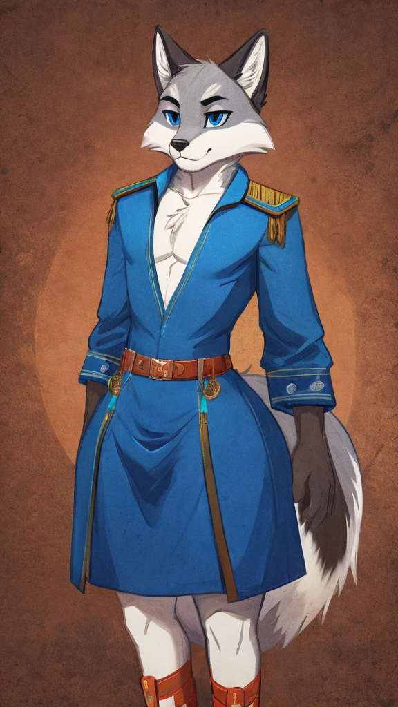 grainy, symmetric, upper body, bright colorful Navy blue eyes markings, furry male, body fur, anthro Fox, solo, Cartoon, (best quality, masterpiece:1), detailed, Super flat chest, Gray fur, Thicc thighs, Wide hips, Large butt, Calm face, slim waist, Slim shoulders, wearing Blue Tunic with White accents, Monochromatic colors, Femboy, Solo Femboy.