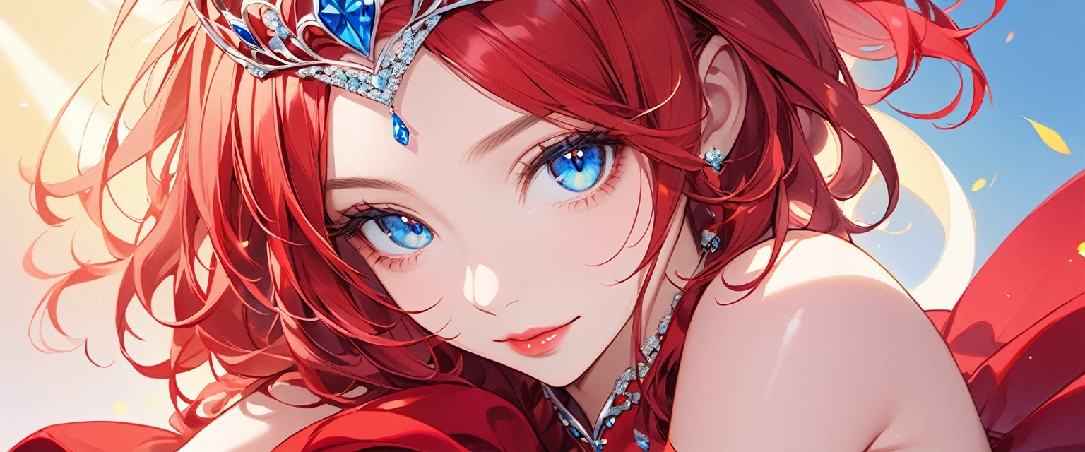 the image the computer generated image of a woman in a tiara wearing a red dress, 1girl, blue eyes, solo, looking at viewer, lips, tiara,red hair,smile,