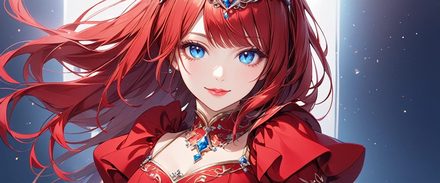the image the computer generated image of a woman in a tiara wearing a red dress, 1girl, blue eyes, solo, looking at viewer, lips, tiara,red hair,smile,