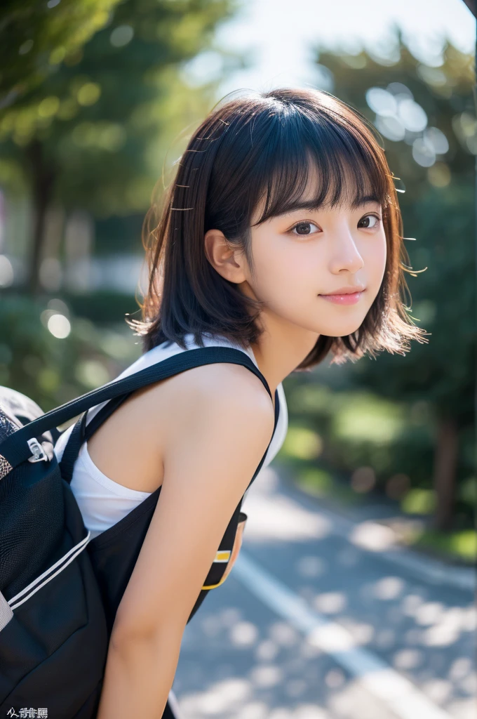 8k、4k、raw picture、top quality , 1 beautiful woman, japanese, cute, university student, black short hair, zoom out