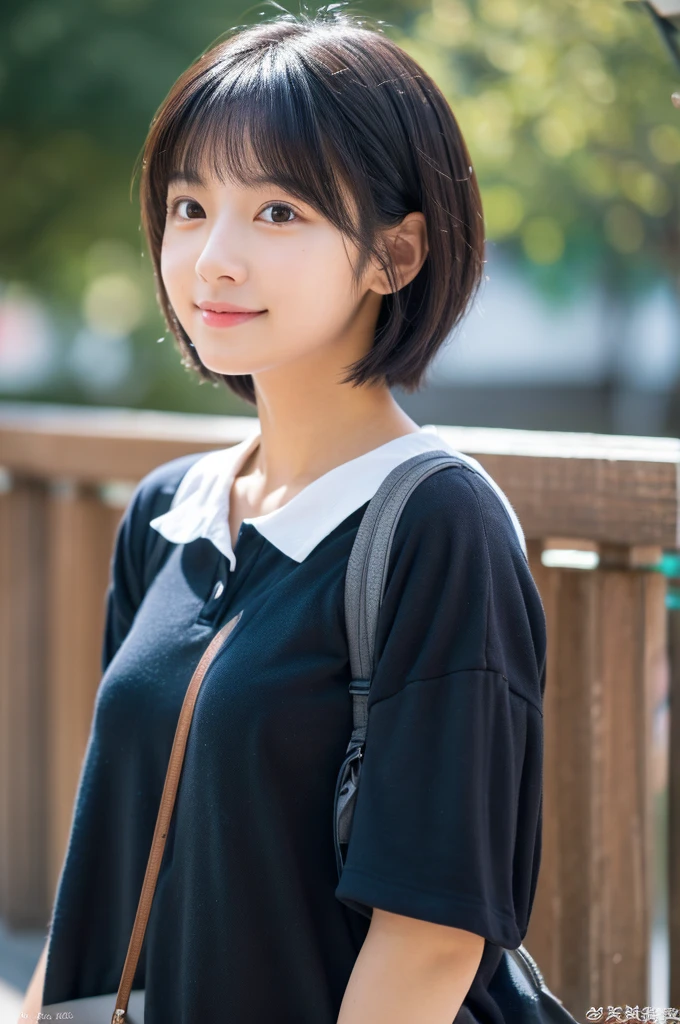 8k、4k、raw picture、top quality , 1 beautiful woman, japanese, cute, university student, black short hair, zoom out