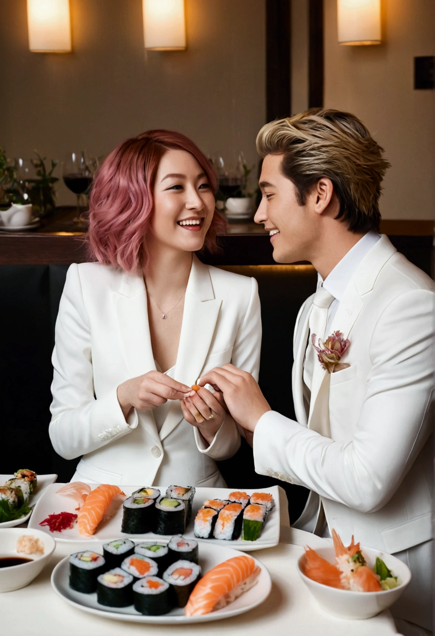 Happy couple, 1 girl 1 boy, different hair color, face to face, romantic, hands in hands, white suit, restaurant, sitting down, foods, mouth opens, talking, sushi