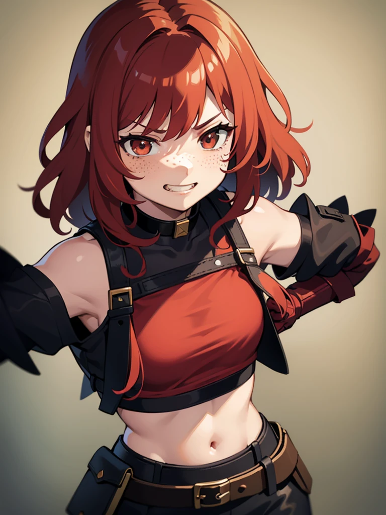 1 girl, Red hair, blushing, medium length hair, curly hair, freckles, angry smile, brown eyes, body shape, fighter, small breasts, black choker, fingercut gloves, cropped t-shirts