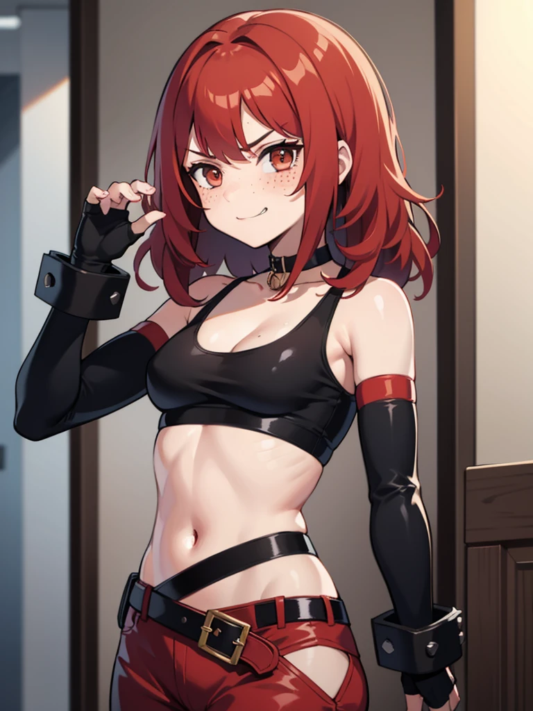1 girl, Red hair, blushing, medium length hair, curly hair, freckles, angry smile, brown eyes,   body shape, fighter, small breasts, black choker, fingercut gloves, cropped t-shirts