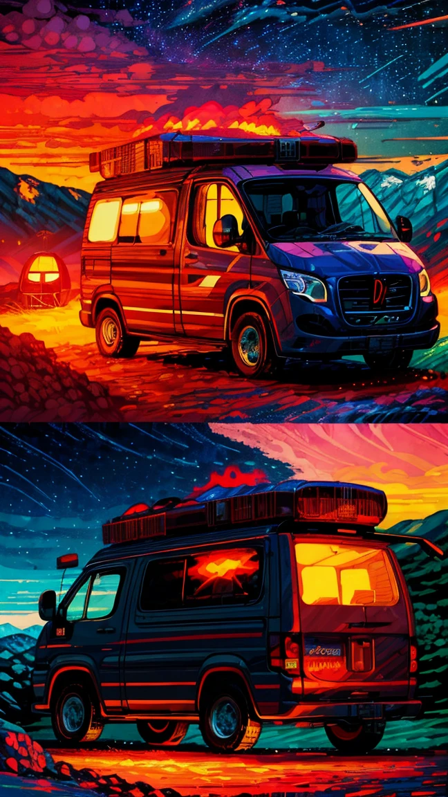 a camper van parked next to a fire pit, night, animation illustrative style, beautiful digital illustration, stunning digital illustration, ( ( ( ( ( dan mumford ) ) ) ) ), featured on illustrationx, dribbble illustration, beautiful retro art, wonderful compositions, camping, scenery art detailed, in the style dan mumford artwork, simon stålenhag color scheme