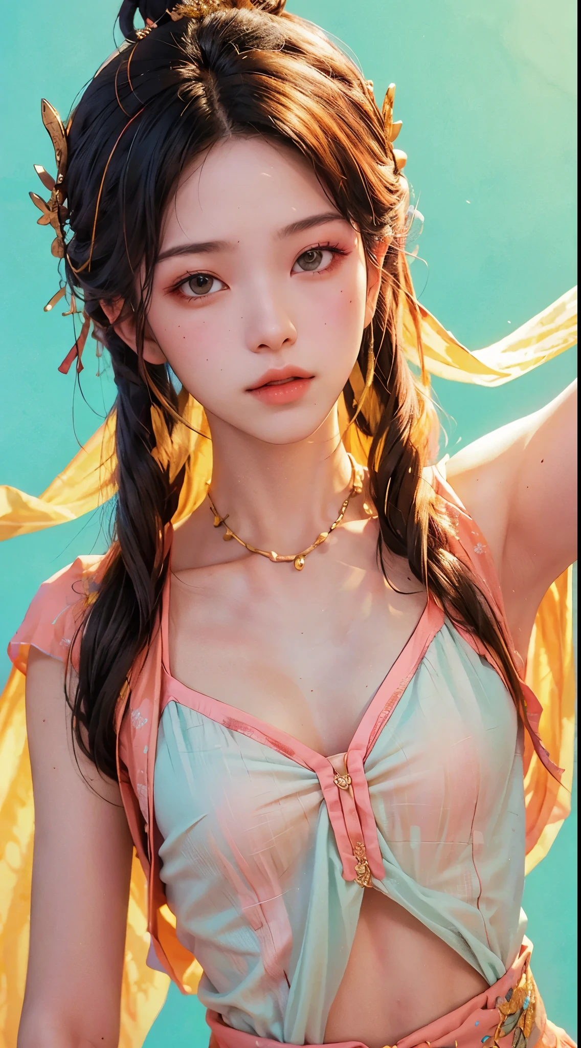 (RAW Photo, Best Quality), (Realistic, Photo Realistic: 1.3), Best Quality, Highly Detailed, Masterpiece, Hyperdetail, Illustration, 1 Girl, upper_body, Dynamic Angle, World Masterpiece Theater, messy_long_hair, Best Quality, Extremely Detailed CG Unified 8k Wallpaper, Ink, Amazing, Cinematic Lighting, lens_flare, Chu Chu Touching,A kind face,A look of ecstasy,near-flat chest,Small Bust,Small breasts,A beautiful girl with a slim figure,Oriental Beautiful Girl,Light blue outfit,Light pink background,Suppress yellow,