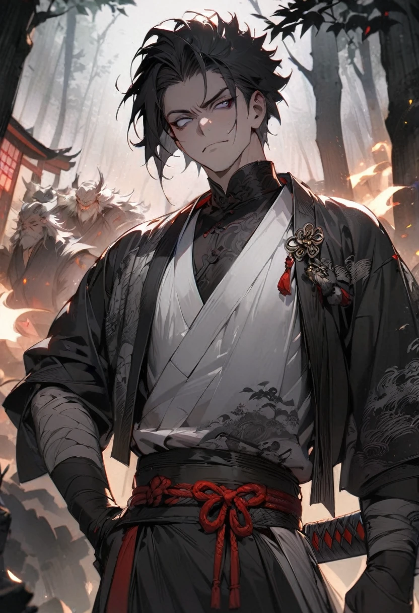 man with calm face ,Male Dark, dark Woods,Red & Black colors, pale eye, samurai dnd, ronin background, katana in hip, masterpiece, detailed