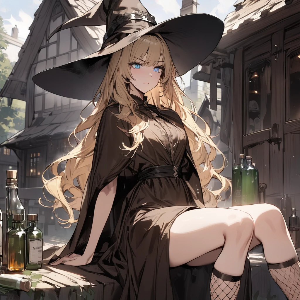 masterpiece, high quality, detailed background, girl, serious expression, light blue eyes, blonde, long wavy hair, wearing fishnet stockings, ((wearing short knee-length white and brown medieval style dress)), wearing a cape black woman, wearing simple witch hat, background of old cottage with potions in glass bottles,