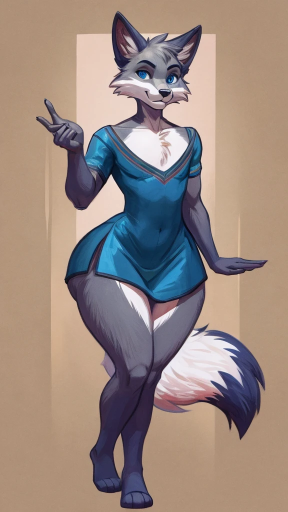 grainy, symmetric, upper body, bright colorful Navy blue eyes markings, furry male, body fur, anthro Fox, solo, Cartoon, (best quality, masterpiece:1), detailed, Super flat chest, Gray fur, Thicc thighs, Wide hips, Large butt, Calm face, slim waist, Slim shoulders, wearing Blue Tunic with White accents, Monochromatic colors, Femboy, Solo Femboy.