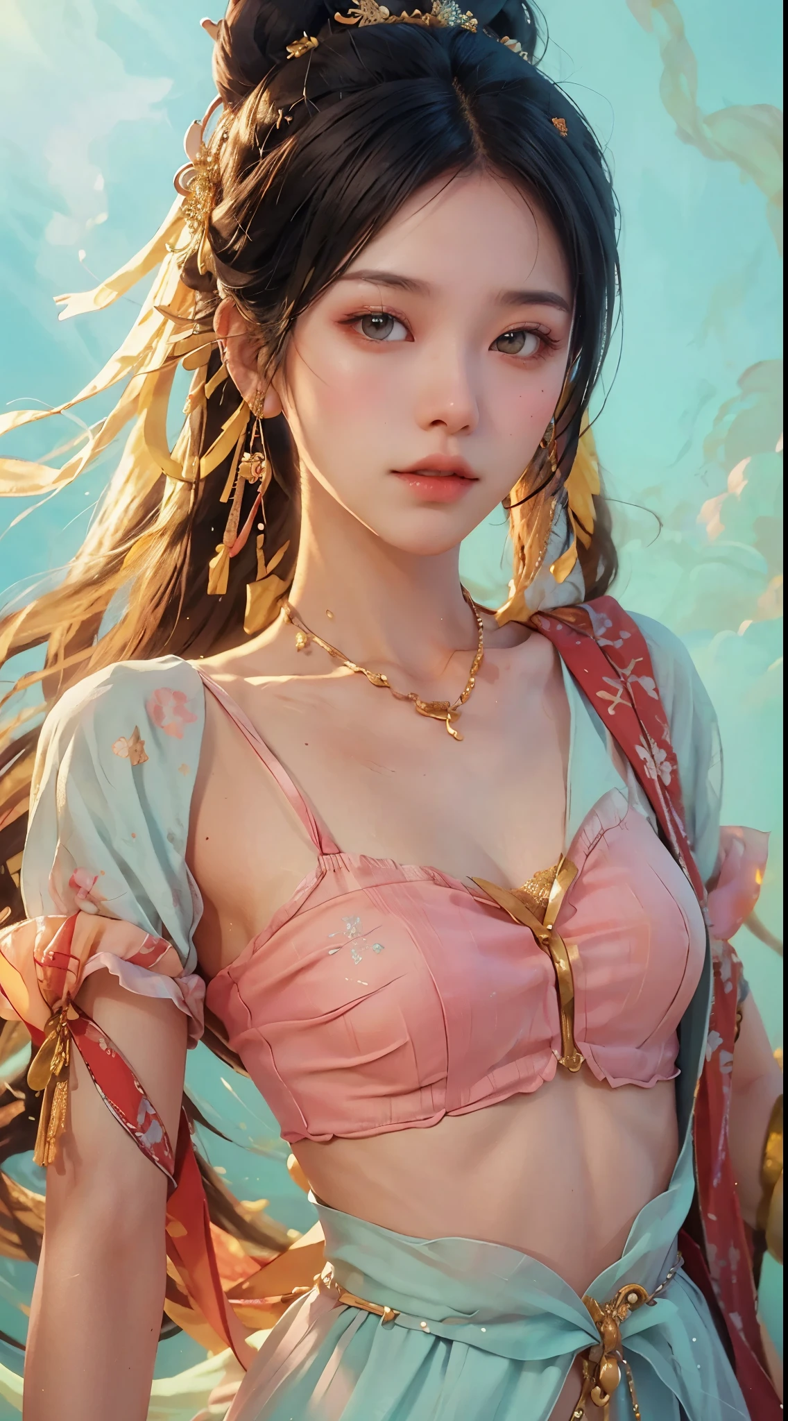 (RAW Photo, Best Quality), (Realistic, Photo Realistic: 1.3), Best Quality, Highly Detailed, Masterpiece, Hyperdetail, Illustration, 1 Girl, upper_body, Dynamic Angle, World Masterpiece Theater, messy_long_hair, Best Quality, Extremely Detailed CG Unified 8k Wallpaper, Ink, Amazing, Cinematic Lighting, lens_flare, Chu Chu Touching,A kind face,A look of ecstasy,near-flat chest,Small Bust,Small breasts,A beautiful girl with a slim figure,Oriental Beautiful Girl,Light blue outfit,Light pink background,Suppress yellow,