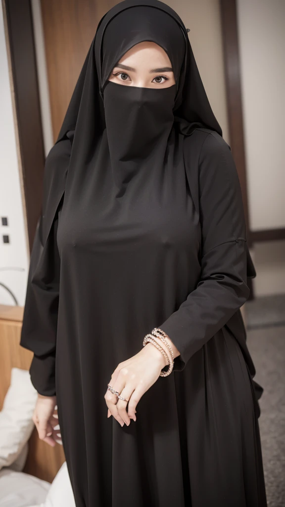 8K, high quality, nice lighting, soft lighting, realistic, dark eyes, sexy, big breasts, thighs, wide hips, arabic dress, black dress, Jewelry, sexy lady, asian, hijab, niqab, sexy pose, showing big thighs, nice body, natural largest breast, wearing rings for woman, office girl, sexy posing,
