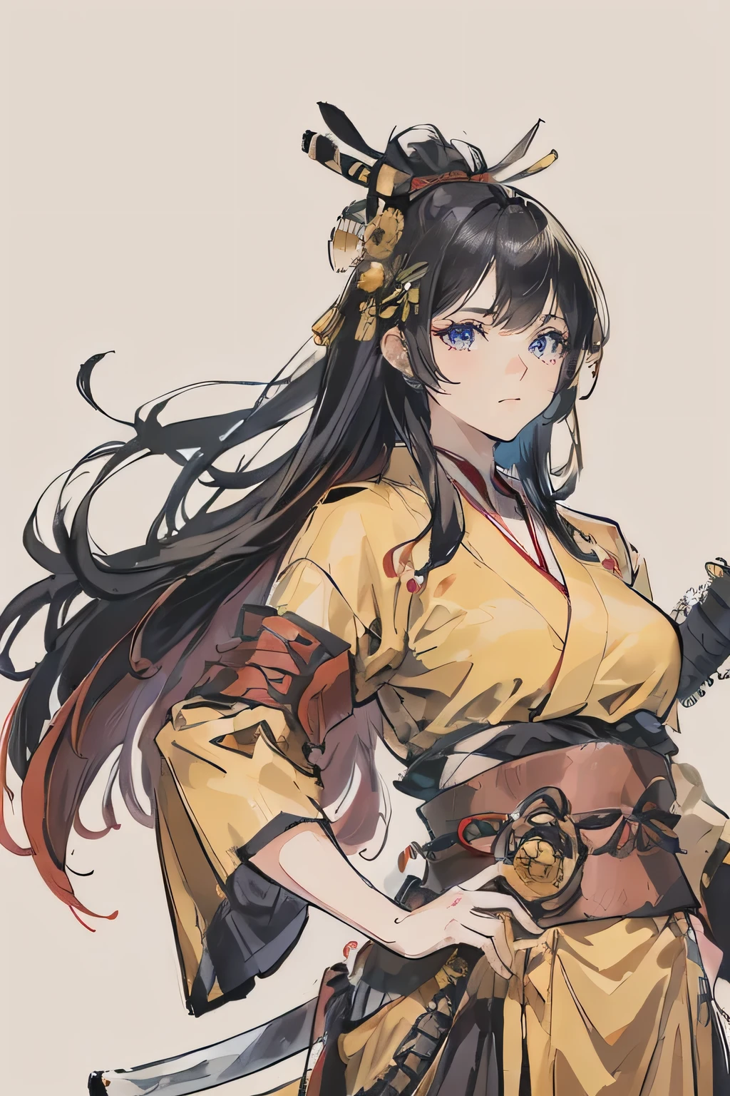 Sumogirl, a yellow haired , wearing a black sumo armor, long hair, fasion hair, samurai armor, slim body, shirt ornament, hakama, tall 165cm, 22yearold, samurai, katana, female, beautiful, sexy, vilian face, use 2 katana