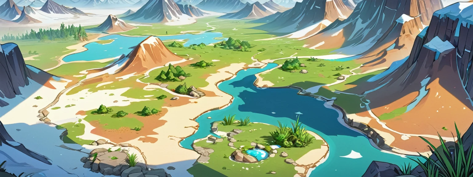 Legendary Skin "Big Map",Mountain,stone,Grass,Tree,火Mountain,Glacier Snowfield,Grass原森林,Desert Gobi Scene,Green Plants,Cartoon Style,Game big map,Look down at the scene