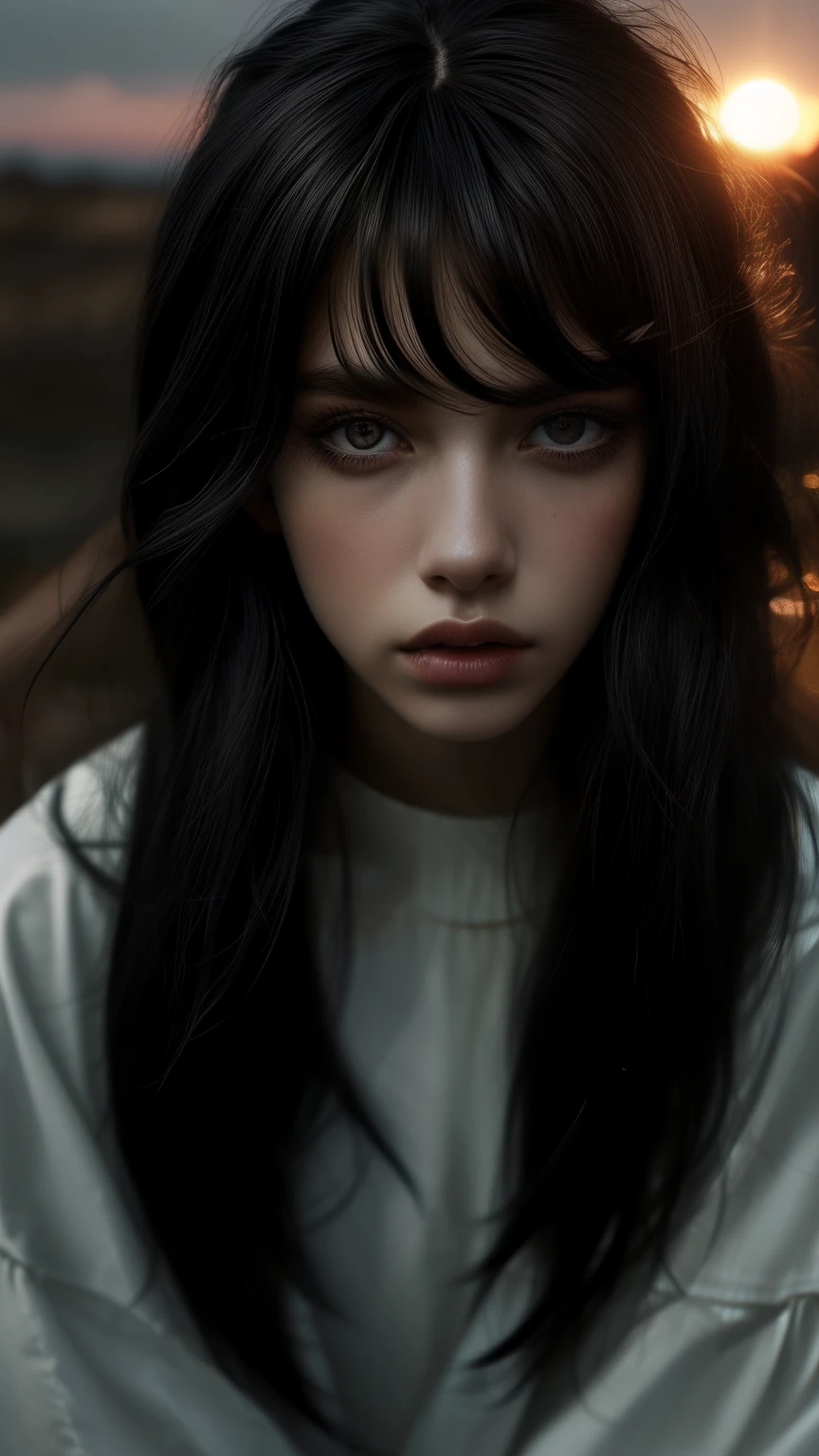 woman with black hair, grey-eyed, Caucasian skin, lying surrounded, grunge style, bangss, small eyes, Bela , 8k, white wigs,sunset, 2000s, toned full body