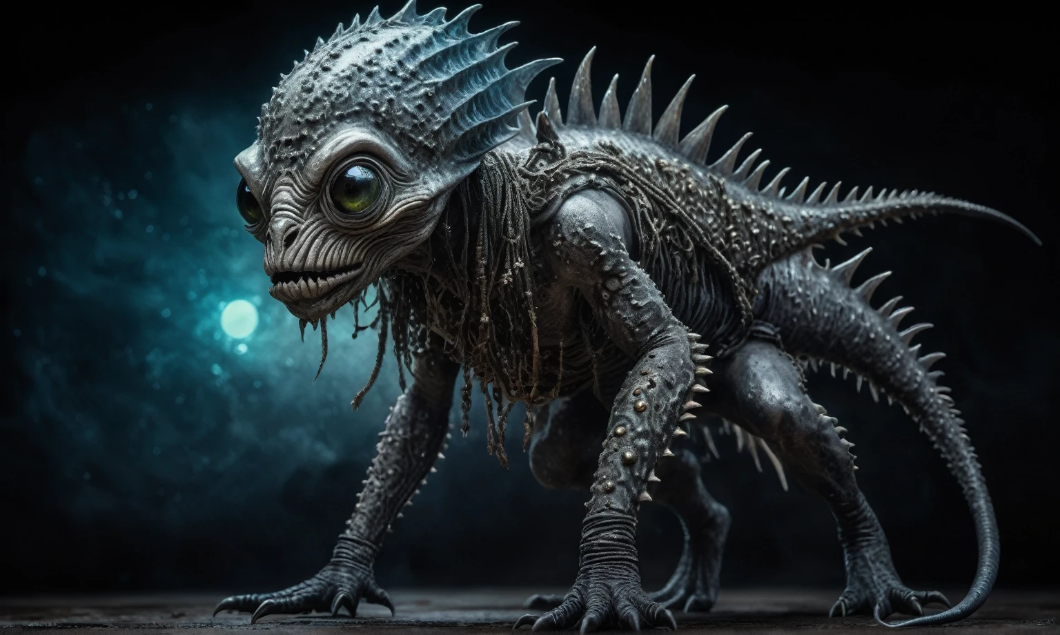full body length shot,nerd graphite  Alien Entity,native africa slave ,azctec Finnish Lapland,Cinematic,soft colors, Technicolor,natural skin textures, hyper realism, hyper detailed,Extremely detailed,High contrast,Masterpiece,Realistic,Ultra Detailed, intricate details,realistic humid leather,extremely intricate details,Epic Realistic, cinematic style, irina yermolova,high contrast,hdr,extremely detailed, [deep night landscape],masterpiece, intricate details, eyes extremely detailed, high detailed eyes,8k resolution,retina, Nikon Z9,Korea,orc,Egypt, Pisces, transition between two art styles,full body length, Double contact, X-ray, Creative, vivid light, fantasy, Abstract, Surrealism, super detailed, high resolution,insanity national folk wear,skin  almost translucent, gothic elements,Mestichino,Light particles,chaos,starfish's leather,"(The best lighting, dark, dramatic),(alien troll half-skull fetus, Hellraiser, Scars, , poison brain, , a rat inside the head, terror.),(fish eyes, calaveras