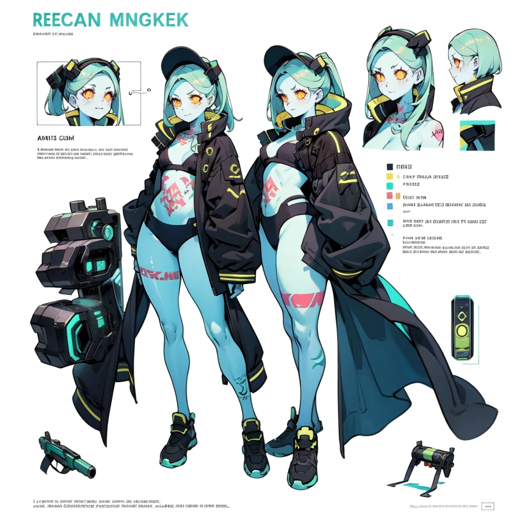 white background, 1girl, solo, full body,reference sheet, character chart, rebecca, yellow eye, mechanical eye, red sclera, leg tattoo, colored skin, tattoo, petite, navel,green hair, neck tattoo, small breasts, long hair, stomach tattoo,cyberpunk,bamboo hat,1080P, best quality, high details, highres,