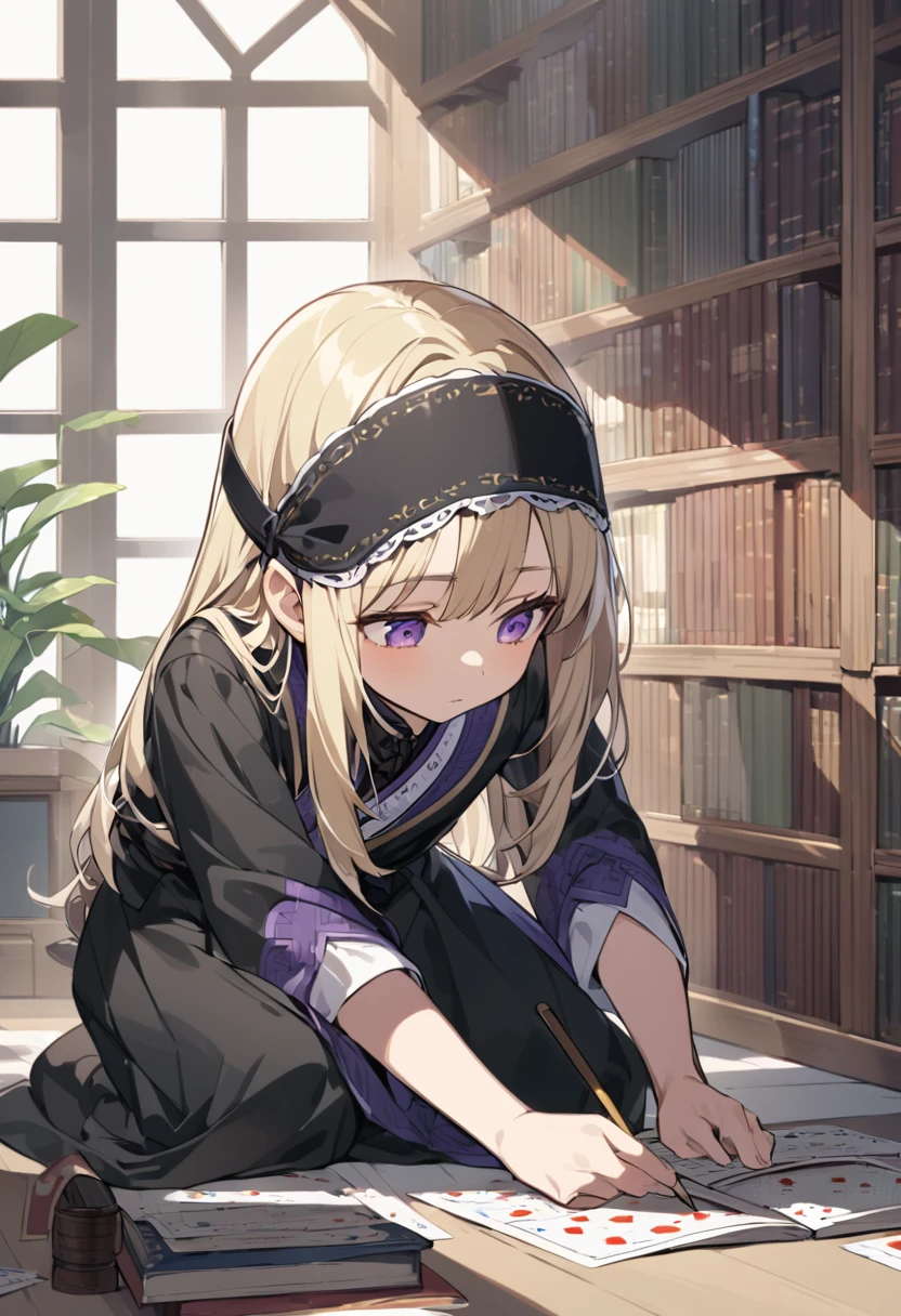 blonde,Long hair,Wears a headband on his head,Purple Eyes,Wearing black traditional dress,flat chest,,Background Large Library,Kneeling,Reading,Poker face,plant,window,Fit to face