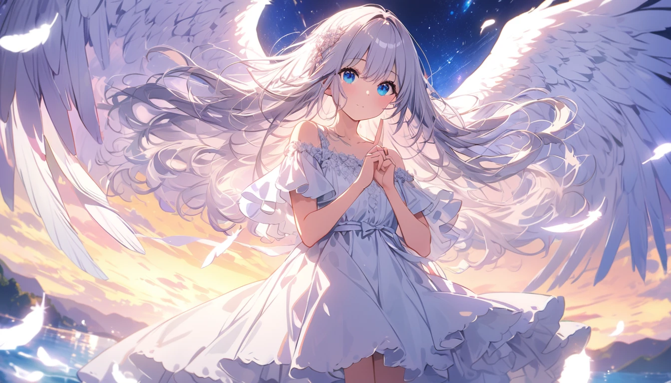 (best quality:1.2),(hands finger 5 digits:1.3),(extremely delicate and beautiful:1.3),(detailed ultra detailed:1.2),(scenery clear details:1.2),(scenery crystal clear :1.2),(solo),(blue eyes),(long white long hair),(white dress),(angel wings),(floating white feathers,starry sky),(clusters of stars,starry sky),(glinting stars),(solo),(long silver long hair),(best quality:1.2),(hands finger 5 digits:1.3),(extremely delicate and beautiful:1.3),(detailed ultra detailed:1.2),(scenery clear details:1.2),