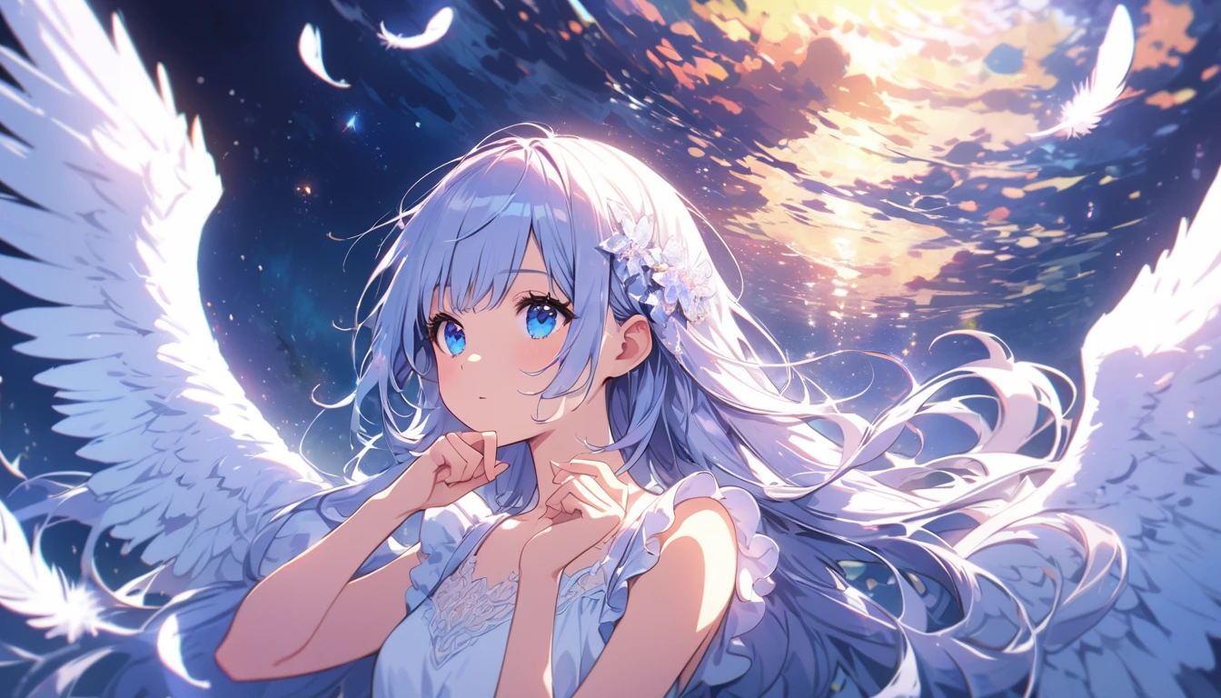 (best quality:1.2),(hands finger 5 digits:1.3),(extremely delicate and beautiful:1.3),(detailed ultra detailed:1.2),(scenery clear details:1.2),(scenery crystal clear :1.2),(solo),(blue eyes),(long white long hair),(white dress),(angel wings),(floating white feathers,starry sky),(clusters of stars,starry sky),(glinting stars),(solo),(long silver long hair),(best quality:1.2),(hands finger 5 digits:1.3),(extremely delicate and beautiful:1.3),(detailed ultra detailed:1.2),(scenery clear details:1.2),