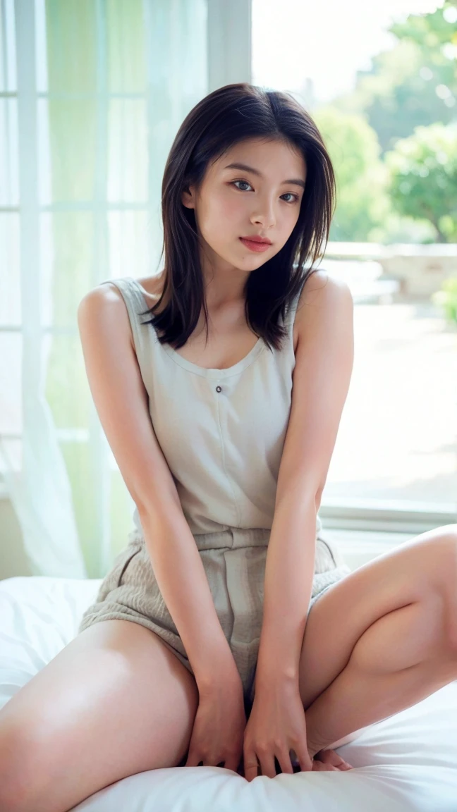 ((Extremely precise and accurate anatomy:1.0)), (photo Realistic:1.4), (hyper Realistic:1.4), (最高品質のRealisticな肌の質感:1.4), (Improvement of quality:1.4), (Enhances the beauty of skin texture:1.1), Clean and glowing skin, mesh, thin:1.2, (Realistic:1.3), Realisticなライティング, (Smoother lighting:1.05), (Improving the quality of cinema lighting:0.9), Backlight, A gentle light on your face, Ray Tracing, (Bright light:1.2), 32K, One Japanese woman, fine grain, Detailed face, (Film Grain:1.1),(Accentuates body lines:1.1), High resolution, Natural look, Kind eyes, Improves hair quality, Delicate light and shadow, Transparent muscles, Graceful pose, Beautiful Eyes, Sharp details, Soft light reflection, Beautiful contours, Delicate skin tone, Fine hair texture, Natural background, ,(((Downward))),((Spread your legs)),A loose-fitting camisole,barefoot,One Girl,Realistic,Bedroom、Looks sleepy