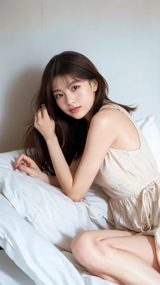 ((Extremely precise and accurate anatomy:1.0)), (photo Realistic:1.4), (hyper Realistic:1.4), (最高品質のRealisticな肌の質感:1.4), (Improvement of quality:1.4), (Enhances the beauty of skin texture:1.1), Clean and glowing skin, mesh, thin:1.2, (Realistic:1.3), Realisticなライティング, (Smoother lighting:1.05), (Improving the quality of cinema lighting:0.9), Backlight, A gentle light on your face, Ray Tracing, (Bright light:1.2), 32K, One Japanese woman, fine grain, Detailed face, (Film Grain:1.1),(Accentuates body lines:1.1), High resolution, Natural look, Kind eyes, Improves hair quality, Delicate light and shadow, Transparent muscles, Graceful pose, Beautiful Eyes, Sharp details, Soft light reflection, Beautiful contours, Delicate skin tone, Fine hair texture, Natural background, ,(((Downward))),((Spread your legs)),A loose-fitting camisole,barefoot,One Girl,Realistic,Bedroom、Looks sleepy
