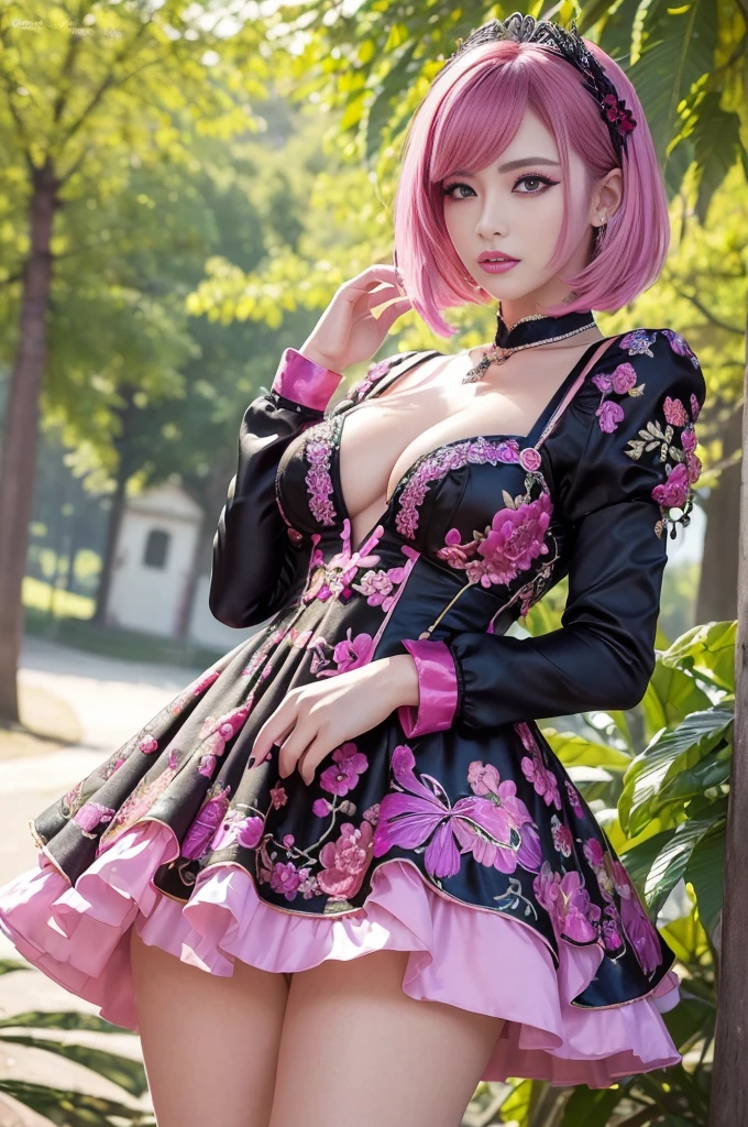 (masterpiece:1.4), (best quality:1.4), ultra high res, ultra high resolution, ((detailed facial features)), HDR, (realistic, photorealistic, photo-realistic:1.37), full body Esbian, sexy swedish model, (-anime), only 1 model, vivid colors, ((vivid colors multicolor (fuchsia, pink, light purple) very short hair)), (beautiful smile), lip-gloss, long lashes, ultra detailed drama makeup, defined eyebrows, wearing large sparkling colorful jewelery, wearing a red silk Paradise Kiss cosplay dress with black floral embroidery, ((vivid colors outfit)), vivid colors, look at the camera, cinematic light, large park background with trees, sweet and sexy pose