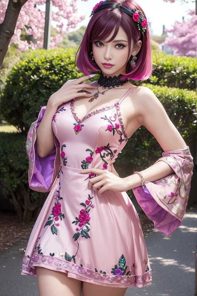 (masterpiece:1.4), (best quality:1.4), ultra high res, ultra high resolution, ((detailed facial features)), HDR, (realistic, photorealistic, photo-realistic:1.37), full body Esbian, sexy swedish model, (-anime), only 1 model, vivid colors, ((vivid colors multicolor (fuchsia, pink, light purple) very short hair)), (beautiful smile), lip-gloss, long lashes, ultra detailed drama makeup, defined eyebrows, wearing large sparkling colorful jewelery, wearing a red silk Paradise Kiss cosplay dress with black floral embroidery, ((vivid colors outfit)), vivid colors, look at the camera, cinematic light, large park background with trees, sweet and sexy pose