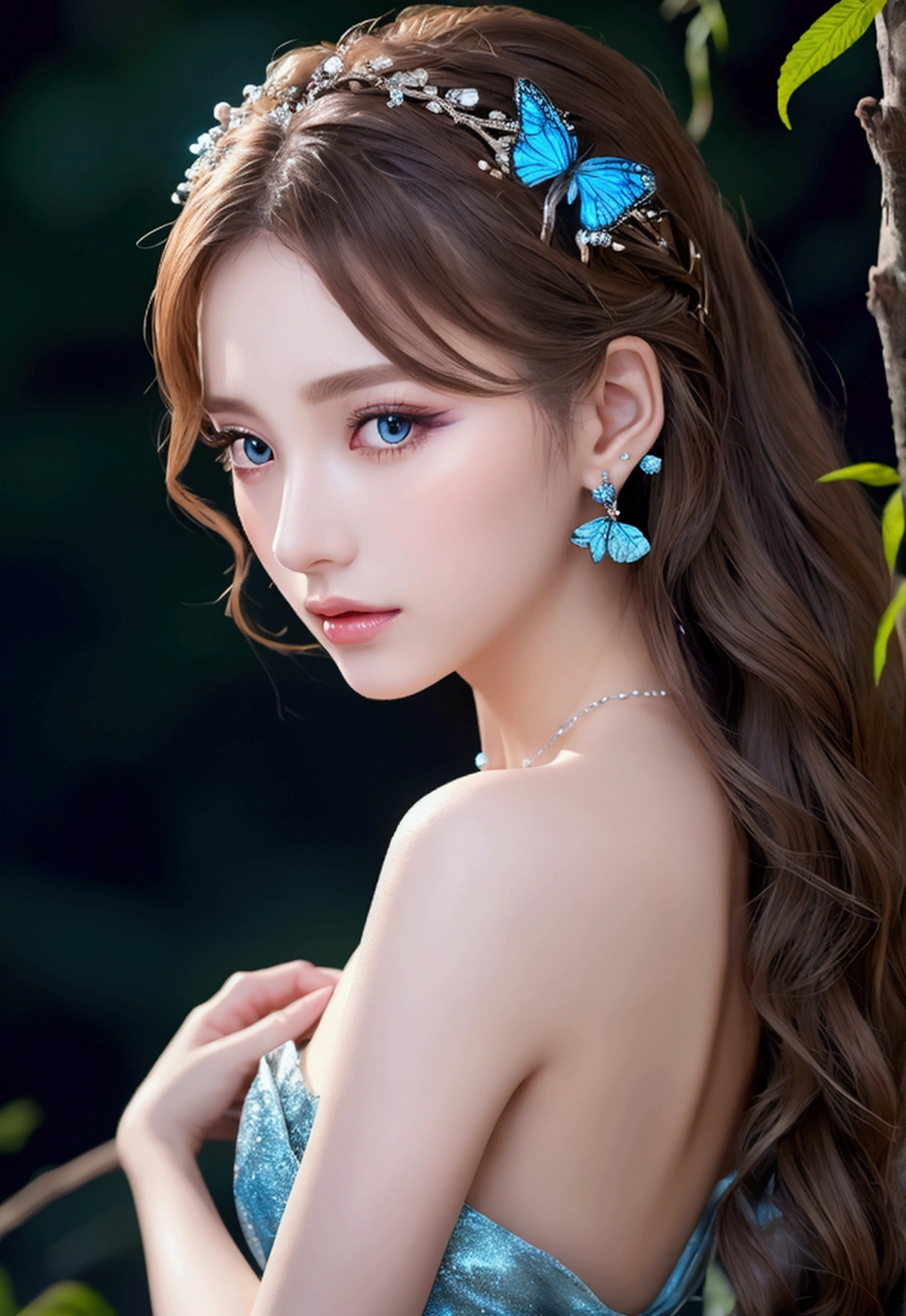 Long, slender legs, 美しく詳細なwhole body, whole body, Full moon, Silver Moonlight, forest, wood々A pale blue butterfly flutters between them.、There is soft moss on the ground, Brown hair wavy hair, Wearing a blue dress,Earrings, Beautiful and gorgeous necklace, Exposing shoulders, Gorgeous hair accessories, Beautiful Eyes, Long eyelashes, reality, 8k, high quality, Super detailed, Dramatic lighting, Vibrant colors
