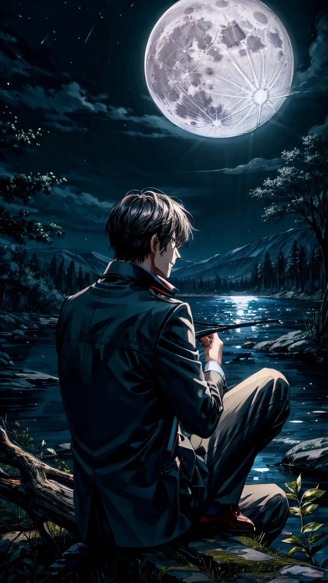 A calm full moon night , dim darkness , midnight , a big tree with no leaves only branches , full moon behind the tree , a man sitting under the tree ,enjoying the moment ,close up image