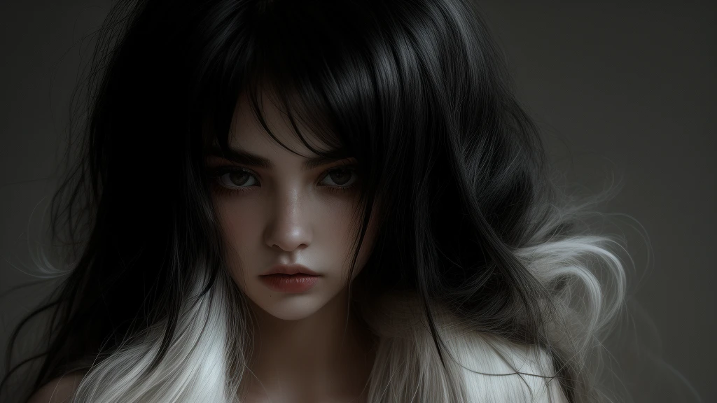 woman with black hair, grey-eyed, Caucasian skin, lying surrounded, grunge style, bangss, small eyes, Bela , 8k, white wigs,sunset, 2000s, toned full body