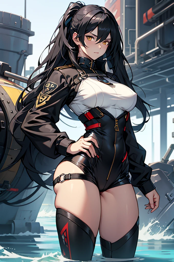 muscular 1 girl thick thighs thin waist perky breasts pale skin black hair long hair yellow eyes toned body tight, azur lane, Belfast 