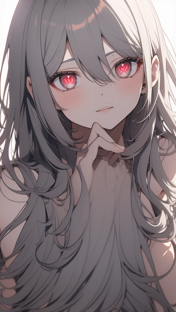 vtuber model, silver hair, grey hair, long hair, messy hair, straight hair, expressive hair, heart-shaped pupils, dilated pupils, embarrassed, blush, heart in eye, naughty, Conceptual art, modern, anime style, anime, reference sheet, multiple views, from behind, from below, from side, UHD, masterpiece, anatomically correct, super detail, textured skin, high details, high quality, best quality, highres, 8k
