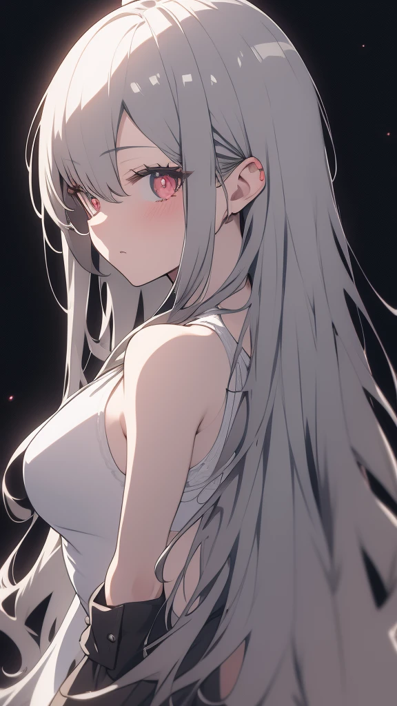 vtuber model, silver hair, grey hair, long hair, messy hair, straight hair, expressive hair, heart-shaped pupils, dilated pupils, embarrassed, blush, heart in eye, naughty, Conceptual art, modern, anime style, anime, reference sheet, multiple views, from behind, from below, from side, UHD, masterpiece, anatomically correct, super detail, textured skin, high details, high quality, best quality, highres, 8k