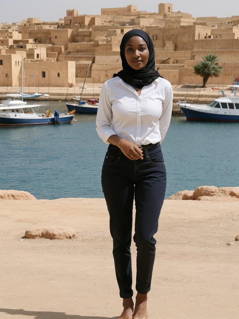 Amira, 1girl, solo, ((Sudanese woman)), consistent face and body, ((MILF)), ((30 years old)), (mature), ((slim)), ((Sudanese face)), (Sudanese nose), (Sudanese lips), short hair, upper body and upper legs, (background: overlooking Essaouira Port in Morocco), BREAK, (wearing stylish Comfortable casual clothes)