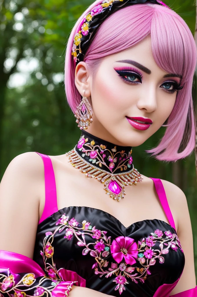 (masterpiece:1.4), (best quality:1.4), ultra high res, ultra high resolution, ((detailed facial features)), HDR, (realistic, photorealistic, photo-realistic:1.37), full body Esbian, sexy swedish model, (-anime), only 1 model, vivid colors, ((vivid colors multicolor (fuchsia, pink, light purple) very short hair)), (beautiful smile), lip-gloss, long lashes, ultra detailed drama makeup, defined eyebrows, wearing large sparkling colorful jewelery, wearing a red silk Paradise Kiss cosplay dress with black floral embroidery, ((vivid colors outfit)), vivid colors, look at the camera, cinematic light, large park background with trees, sweet and sexy pose