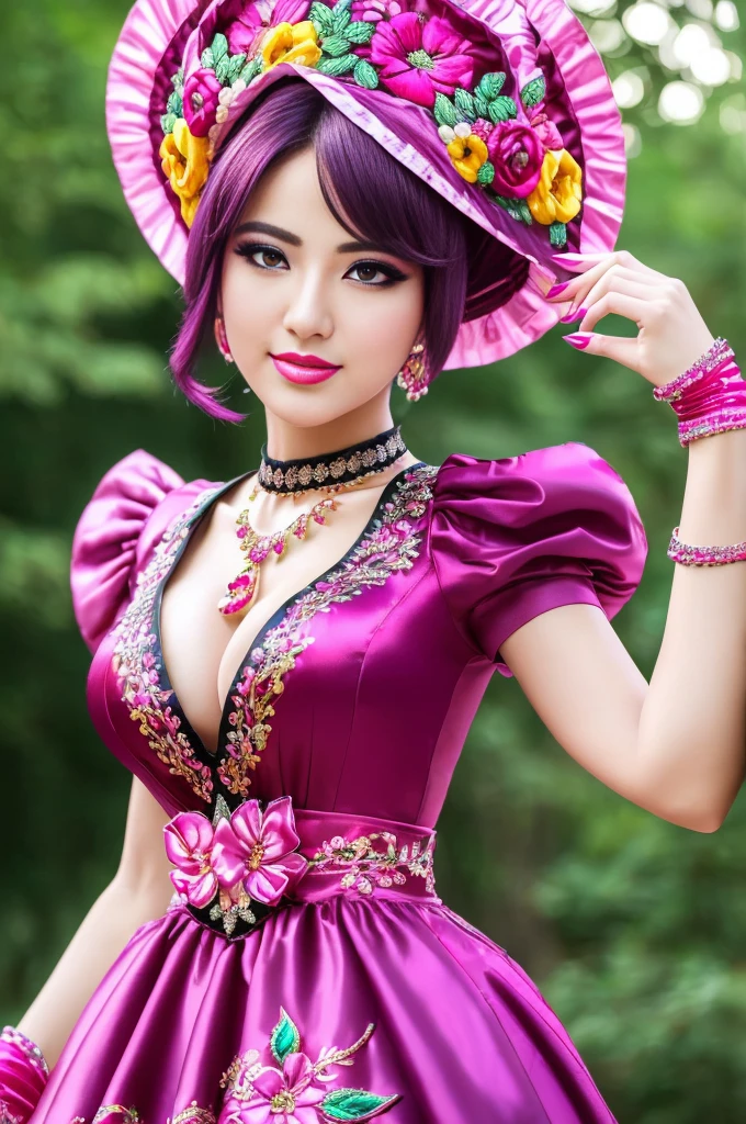 (masterpiece:1.4), (best quality:1.4), ultra high res, ultra high resolution, ((detailed facial features)), HDR, (realistic, photorealistic, photo-realistic:1.37), full body Esbian, sexy swedish model, (-anime), only 1 model, vivid colors, ((vivid colors multicolor (fuchsia, pink, light purple) very short hair)), (beautiful smile), lip-gloss, long lashes, ultra detailed drama makeup, defined eyebrows, wearing large sparkling colorful jewelery, wearing a red silk Paradise Kiss cosplay dress with black floral embroidery, ((vivid colors outfit)), vivid colors, look at the camera, cinematic light, large park background with trees, sweet and sexy pose