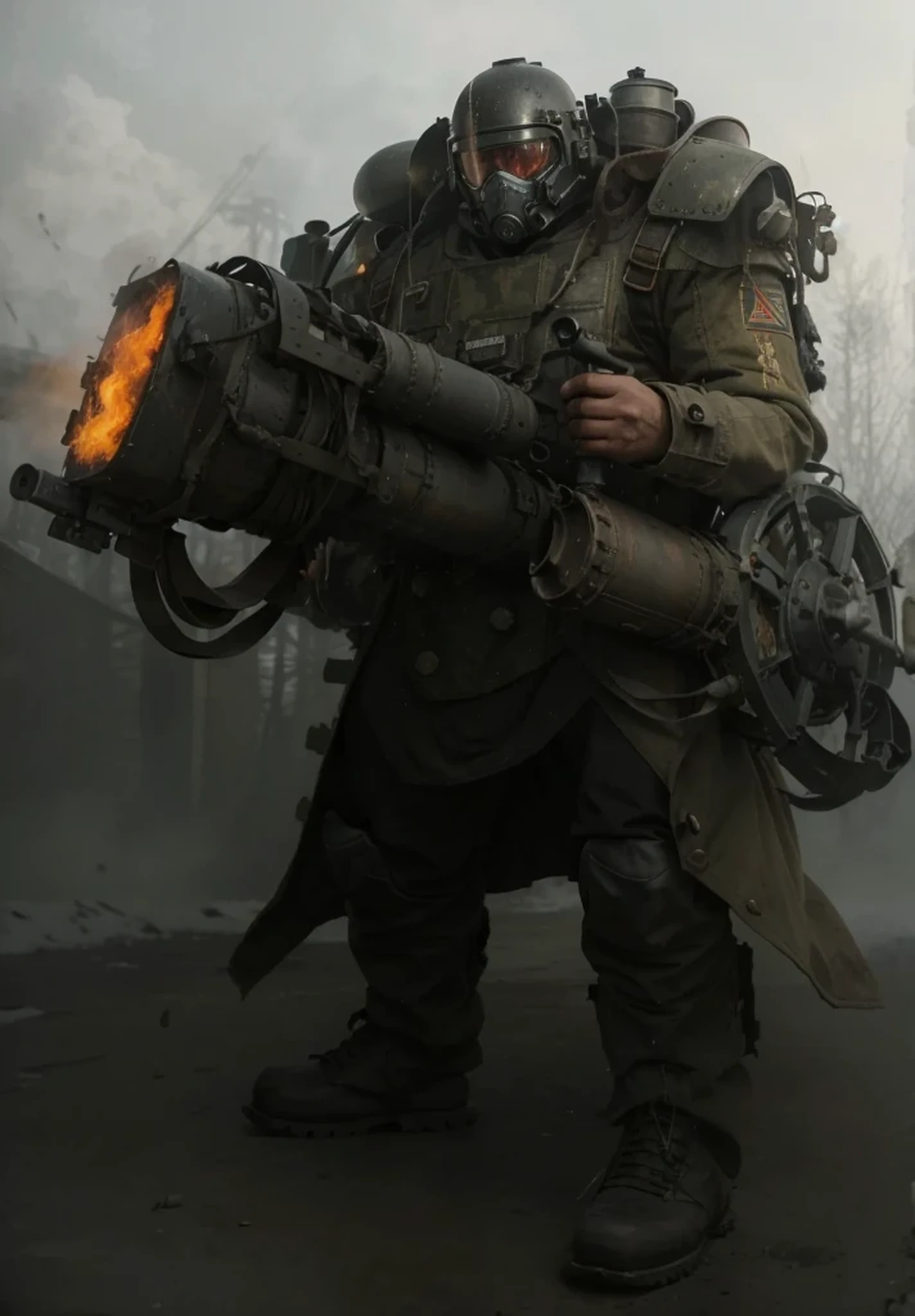 Soviet dieselpunk style heavy robot, Soviet symbols, matte dark red tactical metal armor, metal gray helmet with gas mask, tubes and cables, carries a giant cannon with a heat generator, Soviet style winter military coat, military pants with metal plates, black military boots with metal plates, leather gloves, he is in a Polish forest, winter, snow, a lot of fire, 4k, Ultra detailed image, realistic, Highly detailed, perfect composition, splendid, Intricately detailed, incredibly detailed, 8K fine art photography, hyper detailed, Masterpiece, Ultra detailed