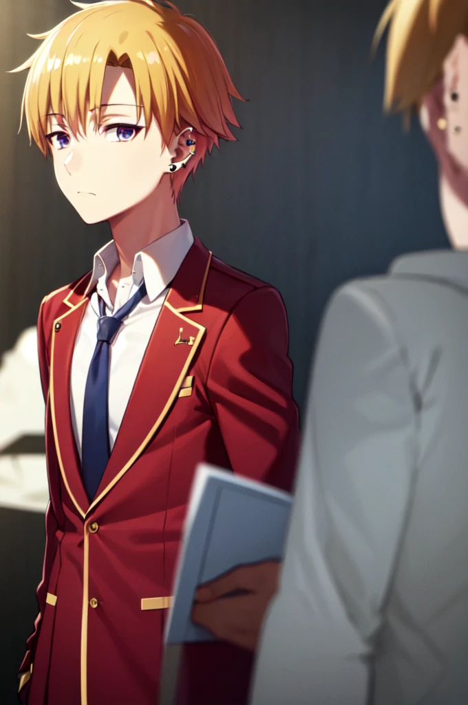 Masterpiece, best quality, 1boy, upper body, necktie, (black ear piercing), simple backround, blonde hair, expressionless, short hair, jacket, looking at viewer, red jacket