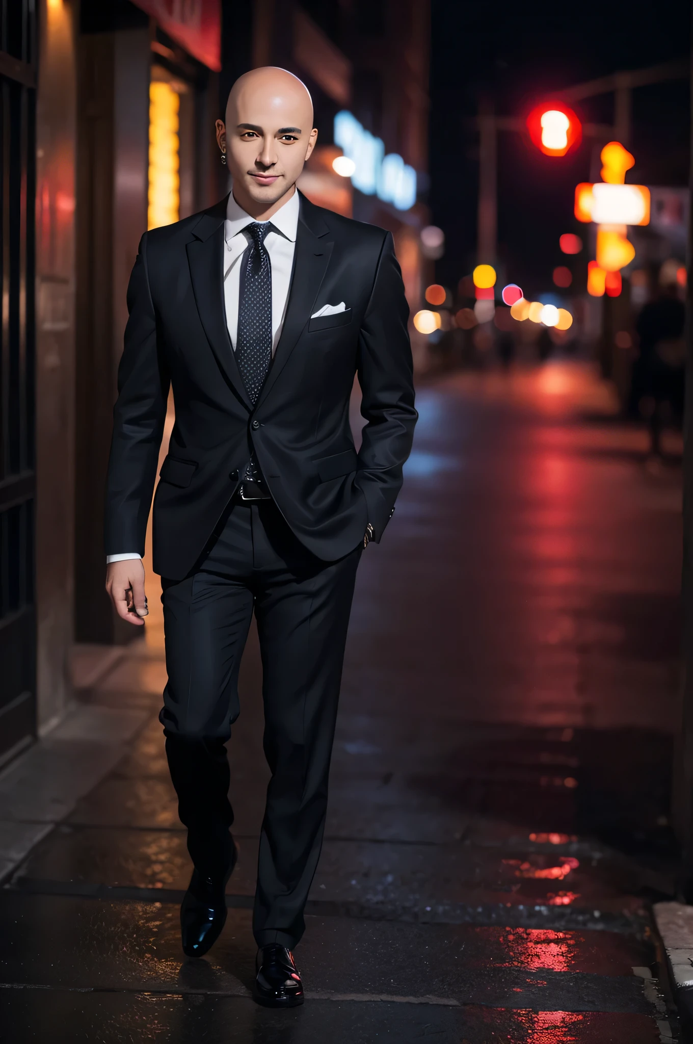 high resolution, high resolution,2d anime style,,Cool guy,Mature look,,20th Generation,bald,Suit,Red Eyes,Beautiful watch,Beautiful earrings,Dark fashion,He smiled,night,walk