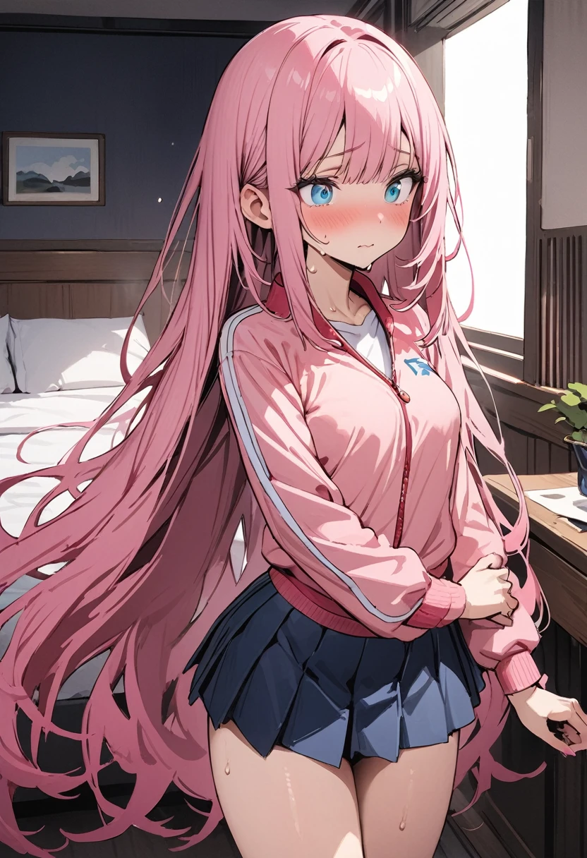 ((masterpiece,Highest quality:1.3,best quality illustration)),cowboy shot,独奏,1woman,(Mature Beauty),pink hair,straight semi_long hair,bangs,light blue eyes,(gorgeous big eyes),((very small head:1.3)),shy,((very long body:1.2,skinny)),small breasts,((Pink baseball jacket、Navy blue pleated mini skirt)),gleaming skin,oily skin,slender body,sweat,standing,Simple bed、Simple hotel bedroom、nsfw,
