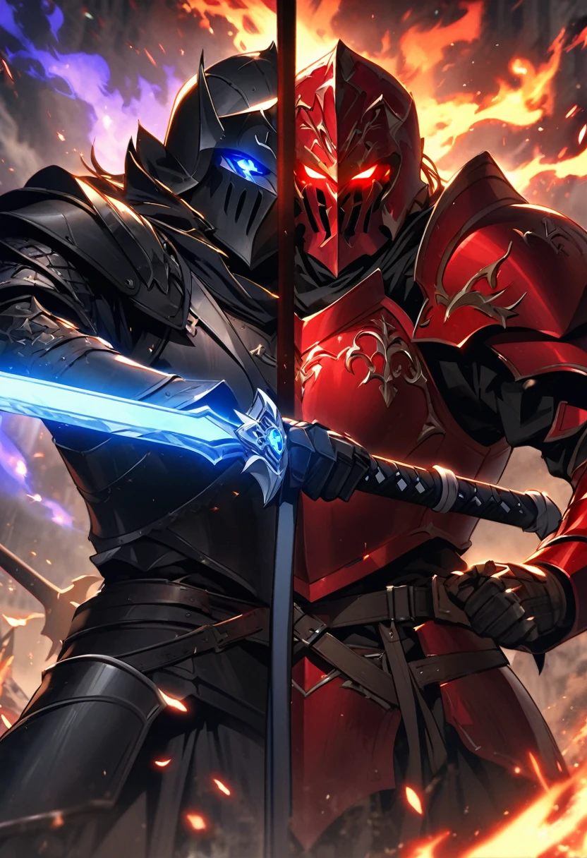create an image with 2 characters that are fighting ,the first a medieval knight in black armor with illuminated red eyes, with a sword that glows blue, and the second a medieval knight in flaming red armor with a black sword with his eyes glowing purple
