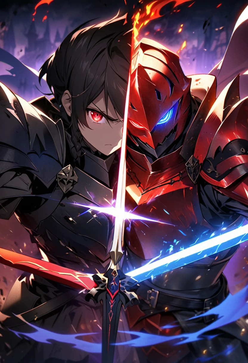 create an image with 2 characters that are fighting ,the first a medieval knight in black armor with illuminated red eyes, with a sword that glows blue, and the second a medieval knight in flaming red armor with a black sword with his eyes glowing purple