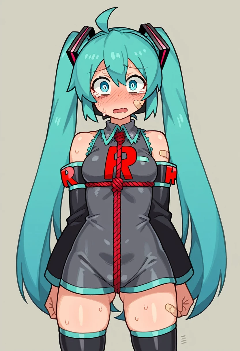 score_9, score_8_up, score_7_up, source_anime, BREAK, (((xeu))), 1girl, solo, Hatsune miku, team rocket uniform, Face full of scars、Skin shiny with sweat、 injured scared girl、 crying wet bursting out eyes, real tears streaming down face, ultra-detailed eyes,bandaid on face,covered with mud,expression of despair,Illumination that emphasizes shiny sweat{{{Spread }}},(crotch rope walking:1.0)